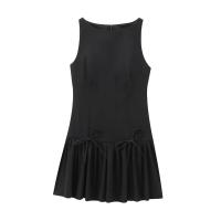 TRAFZA-Vestido corto informal para mujer, traje sin mangas con cuello redondo, lazo decorativo y cremallera, 4 colores, 2024 - details 5