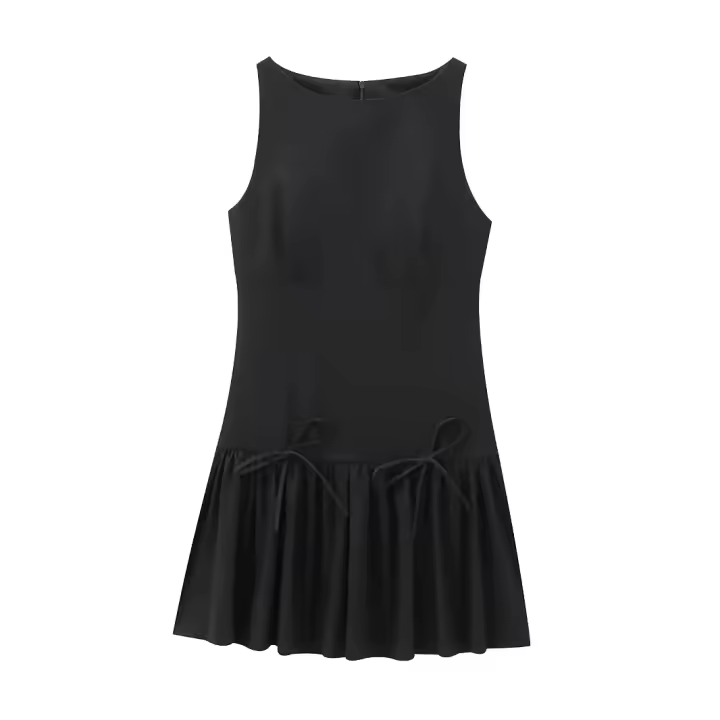 TRAFZA-Vestido corto informal para mujer, traje sin mangas con cuello redondo, lazo decorativo y cremallera, 4 colores, 2024 - 1