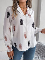Blusa de manga larga con estampado de plumas para mujer, camisa blanca a la moda, Top informal para oficina, ropa elegante para mujer, novedad de otoño - details 1