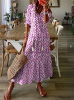 Vestido largo bohemio de verano para mujer, vestidos Vintage con estampado ral y manga con cuello en V, vestido de playa holgado informal con cordón para mujer - details 5