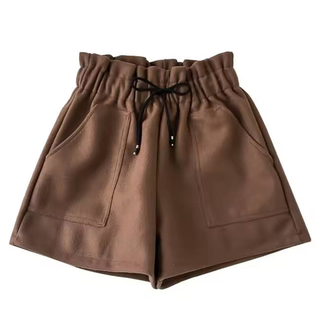 Pantalones cortos de pierna ancha para mujer, Shorts negros de cintura alta, informales, gruesos, cálidos, de lana, elásticos, Otoño e Invierno - 1