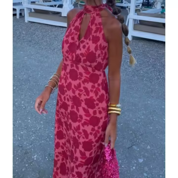 Vestido Sin Mangas y Sin Espalda de Cintura Alta Moda Femenina 2025 Estilo Estampado de Celebridad - 1