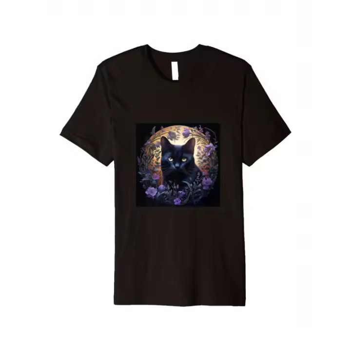 Camiseta unisex de manga corta, estilo holgado, con estampado de gato negro y flores de primavera moradas, informal y cómoda, 100% algodón, tallas S-XXXL. - 1