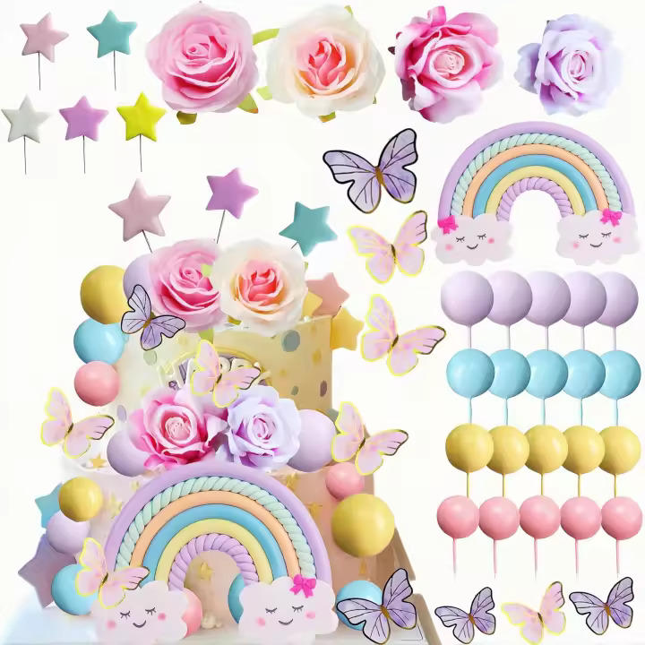 Decoración de pastel de rosas Decoración de pastel de arco iris Decoraciones de pastel de mariposas Decoración de pastel de bola - 1