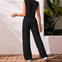 Conjunto casual de lino nuevo para mujer, chaleco con cuello en V, top sin mangas con botones frontales y pantalones largos. - details 4