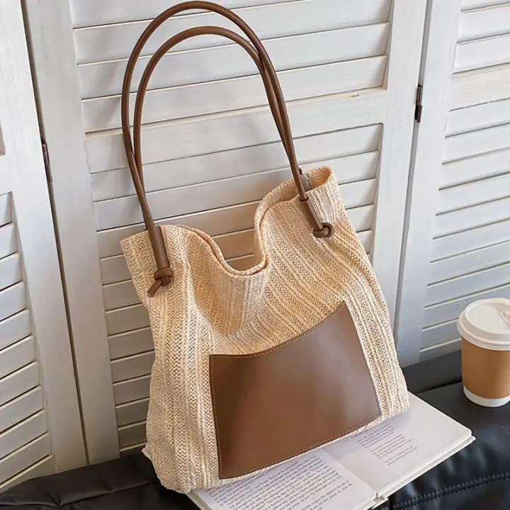 Bolso de mano de punto ahuecado de paja, bolso de hombro hecho a mano de gran capacidad, bolso de playa informal de diseñador para mujer - 1