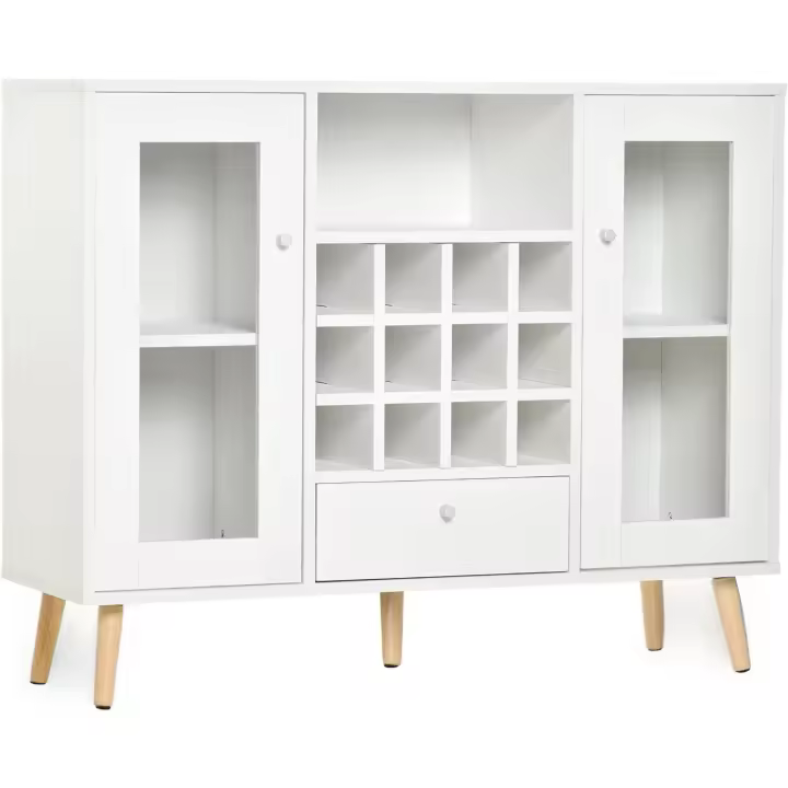 Aparador de Cocina Buffet para Salón Alacena de Almacenaje con Botellero Cajón Estante Abierto y 2 Armarios con Puertas de Cristal Moderno para Comedor 100x33x80 cm Blanco - 1