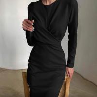 Vestido Largo Elegante Para Mujer Con Cintura Ajustada Y Hips Slim Estilo Retro Francés Para Otoño Vestido De Oficina Con Cuello Redondo Y Mangas Largas - details 5