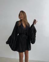 Otoño nuevo vestido fruncido con cuello en V y manga con lazo para mujer con sentido del diseño, elegante y a la moda para - details 10
