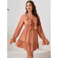 Vestido elegante de manga larga con cuello en V para mujer, vestido corto con volantes, color sólido, informal, nuevo en promoción - details 3