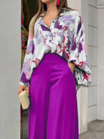 Junxi Wan Conjunto Casual de 2 Piezas Floral Camisa de Manga Larga y Pantalones de Pierna Ancha - details 4