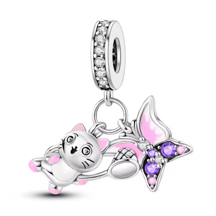 Pulsera de plata de ley 925 para mujer, colgante con diseño de gato y mariposa, cuentas, regalo nuevo, 2024 - 1