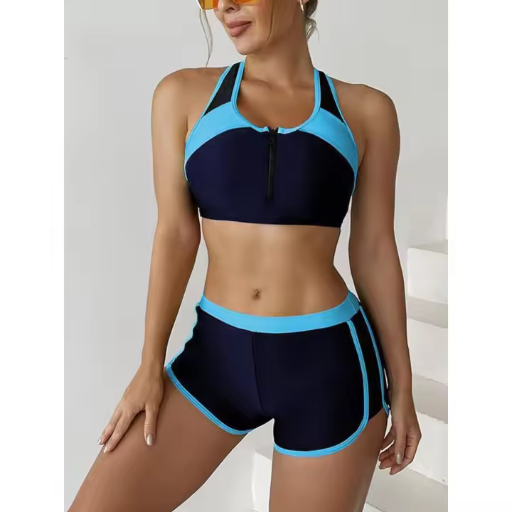 Conjunto deportivo de 2 piezas para mujer, traje de baño de color liso con cremallera, ropa de playa, novedad de 2025 - 1