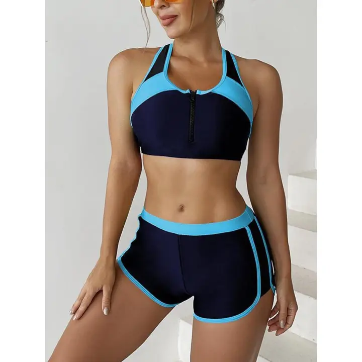 Conjunto deportivo de 2 piezas para mujer, traje de baño de color liso con cremallera, ropa de playa, novedad de 2025 - 1