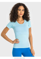 SHINBENE-Camiseta deportiva sin costuras para correr, camisa de manga corta transpirable para Yoga, cuello redondo, nueva - details 0
