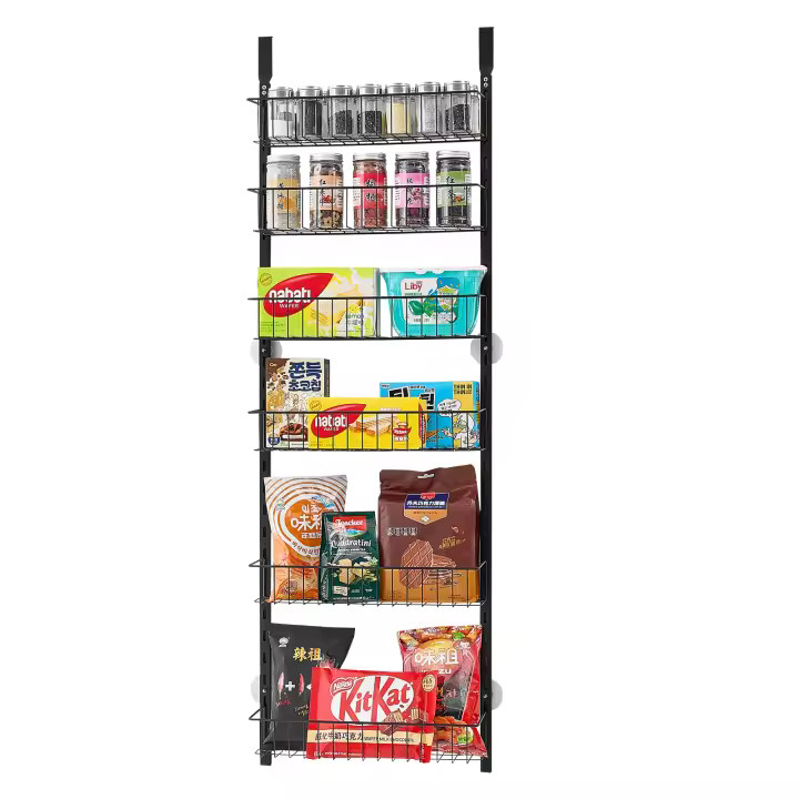 SucceBuy Organizador de despensa sobre la puerta, estante de almacenamiento de 6 niveles con estantes ajustables, organizador colgante de acero duradero, negro - 1