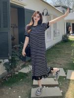 Vestido de punto a rayas de manga corta con borlas francesas para mujer en verano, falda larga fina, de alta gama, elegante y hermosa - details 14