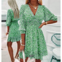 Jersey con cintura, vestido de mujer con estampado bohemio de manga corta y flores fragmentadas de longitud media, 6 colores - details 4