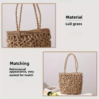 Bolso de Playa de Paja Tejido con Diseño de Flor Hueca Ligero, Duradero, Cierre de Cremallera, Perfecto para Fiestas de Verano y Salidas - details 2