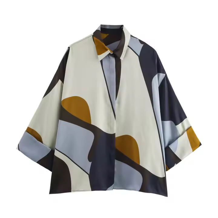 TRAFZA 2025 Camisa estampada de satén de seda a la moda de primavera para mujer, blusa con puños enrollados y botones ocultos, Tops elegantes informales para mujer - 1