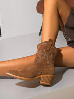 Nuevas botas cortas retro británicas delgadas con boca en V y tacón grueso de gamuza para mujer corta - details 19