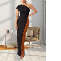 Invitada con un hombro largo y diseño de bloques de color Wo, estilo elegante, vestido de noche de boda de longitud media, vestido nquet para Wo, estilo, , - details 3