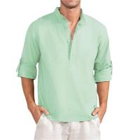 Camiseta de manga larga de lino para hombre, Tops sueltos de Color sólido, camisa de lino de algodón transpirable informal, primavera y verano - details 6