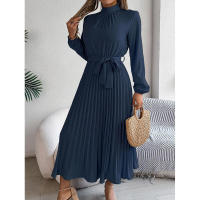 Elegante vestido corto de otoño invierno para mujer, con cuello alto, mangas plisadas y falda larga. - details 28