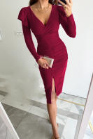 Vestido de manga larga de Color sólido con abertura y cintura cerrada con temperamento y cuello en V de verano 2025 para mujer - details 8