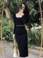 Vestido ajustado de estilo Hepburn, temperamento largo de gama alta de otoño para mujer con mangas y cuello cuadrado negro - details 2