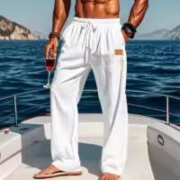 Pantalones rectos con cordones de algodón y lino para hombre, de estilo playero, finos y con cordón, para el tiempo libre, para las cuatro estaciones. MOVIE - details 0