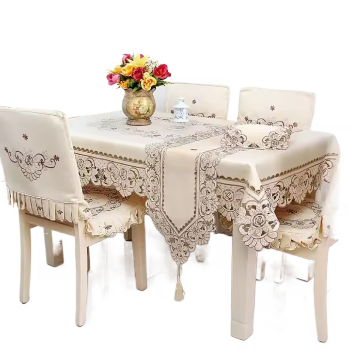Mantel de encaje bordado blanco con temática campestre, cubierta de polvo de satén Vintage Rectangular, cubierta de tela Floral para mesas de comedor, hogar - 1