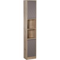 Armario alto para baño, columna de baño con 2 puertas y 2 estantes abiertos, mueble auxiliar de almacenamiento para salón/recepción, 30x24x170 cm, roble y gris. - details 0