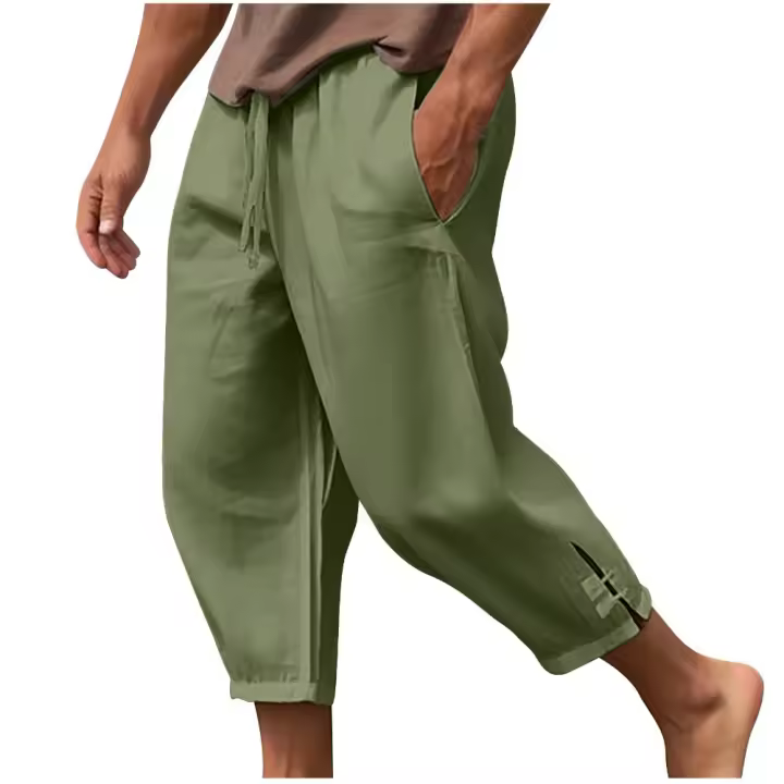 Pantalones capri de lino ligeros, ajuste holgado, cintura elástica, estilo playero casual para hombres - 1