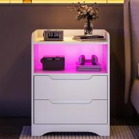 Mesitas de Noche con luces LED y Estación de Carga (2 Tomas AC, 2 Puertos USB) Mesita de Noche Blanca Mesas Auxiliares con 1 compartimento abierto y 2 cajones para Dormitorio Salón - details 1