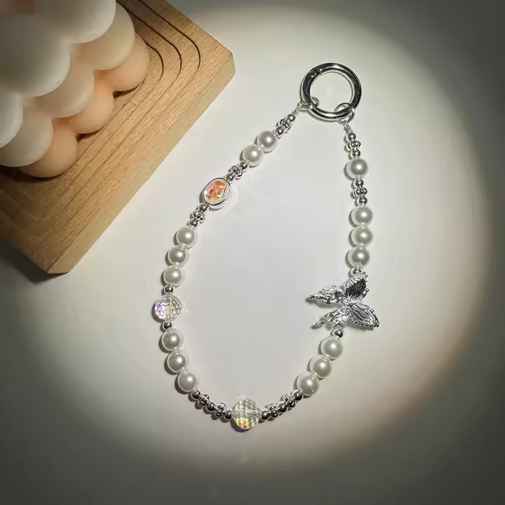 Abalorio para teléfono, cordón plateado galvanizado, luz de lujo, antipérdida, lazo de amor, colgante para teléfono, cordón para teléfono móvil con cuentas Ins - 1
