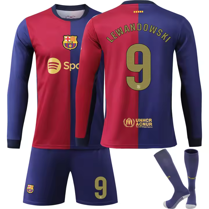 bambino2425 Barcelona Uniforme de Fútbol Manga Larga No. 9 Lewandowski 8 Pedri 6 Garvey 10 Messi 19 Yamal Jersey Traje - 1