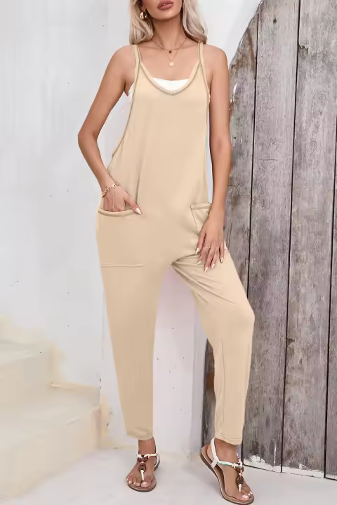 Elrachen Mono Harem Informal Sin Mangas para Mujer con Bolsillos Laterales, Albaricoque, Tallas S-XL - 1