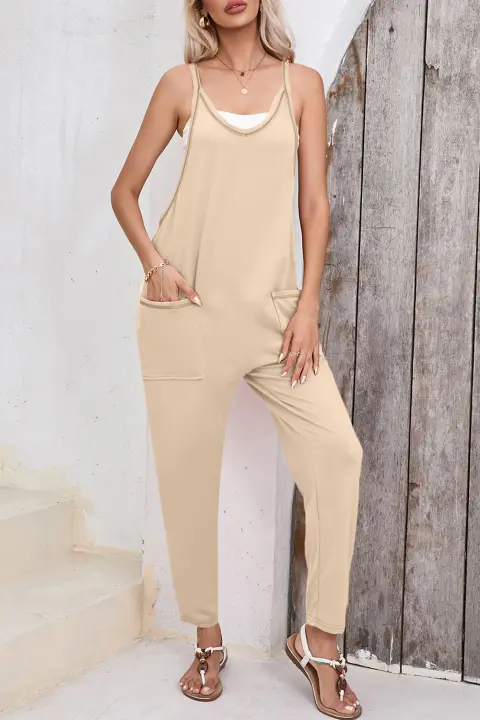 Elrachen Mono Harem Informal Sin Mangas para Mujer con Bolsillos Laterales, Albaricoque, Tallas S-XL - 1