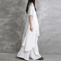 Conjunto deportivo informal de 2 piezas de lino y algodón para mujer, Top largo de manga corta con cuello redondo, estilo coreano de talla grande - details 11