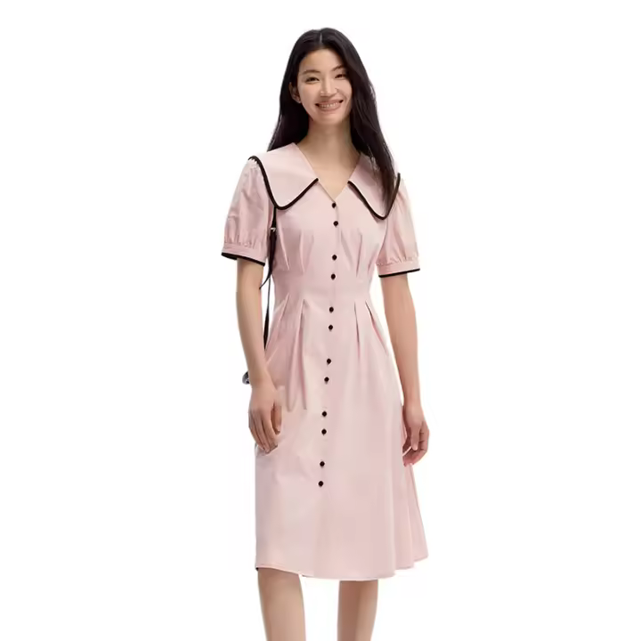 Vestido de Algodón Puro Semir Manga de Abanico Grande, Escote Ancho, Estilo Universitario para Mujeres Nueva Moda de Verano 2024 - 1