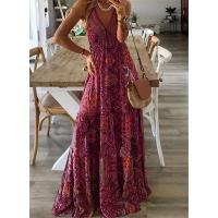 Vestido ral estampado con cuello en V y cintura alta, largo, con tirantes, estilo bohemio, para mujer - details 5