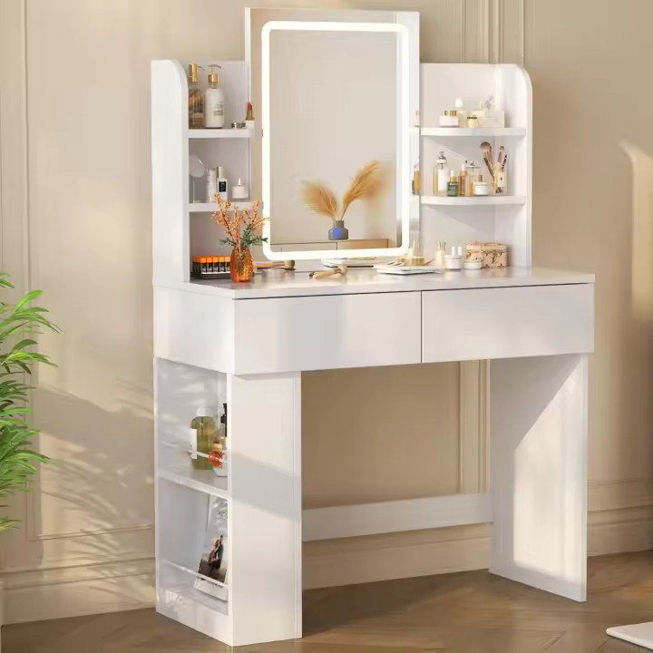 Ajustable, Mesa de Maquillaje con Espejo, con 2 Cajones Grandes y 4 Estantes Abiertos y Taquilla - 1