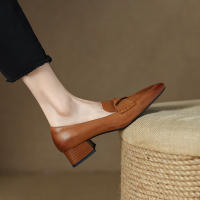 Zapatos pequeños de punta cuadrada estilo francés para mujer, tacón bajo, tacón grueso, zapatos pequeños de cuero - details 12
