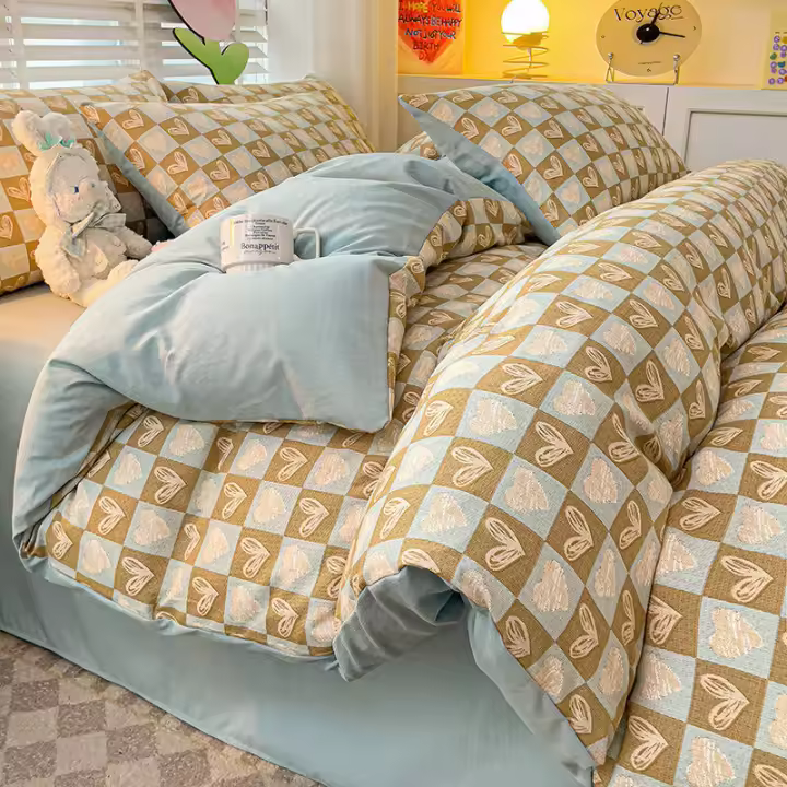 Juego de cama: Sábana ajustable de algodón lavado puro de cuatro piezas, funda de edredón, juego de tres piezas de cama individual para dormitorio de estudiantes: Sábana, funda - 1