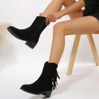 Botas cortas de tacón grueso con punta redonda de ante con tachuelas retro para mujer, botas vaqueras occidentales delgadas - details 3
