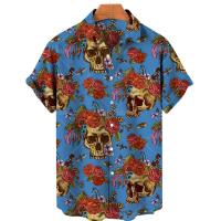 Diseño de moda de playa hawaiana, camisa con estampado de calavera 3D, ropa de calle informal retro, top de manga corta unisex de verano para hombre - details 9