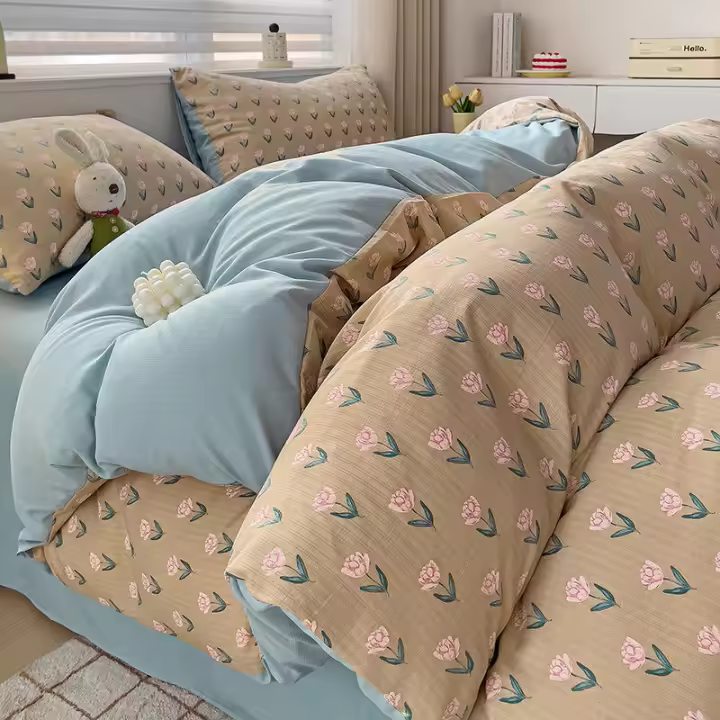Juego de cama: Sábana ajustable de algodón lavado puro de cuatro piezas, funda de edredón, juego de tres piezas de cama individual para dormitorio de estudiantes: Sábana, funda - 1