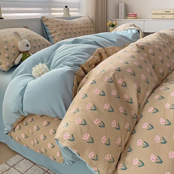 Juego de cama: Sábana ajustable de algodón lavado puro de cuatro piezas, funda de edredón, juego de tres piezas de cama individual para dormitorio de estudiantes: Sábana, funda - 1