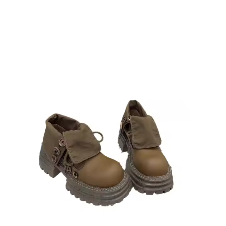 Botas Martin de cabeza grande de cuero europeo para mujer, nueva solapa retro, dos botones de desgaste, botas muffin amarillas grandes de suela gruesa, botas de herramientas - 1
